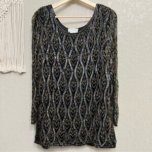 Vintage Sténay women sz M Gold Embellished Top silk beats sequin holiday